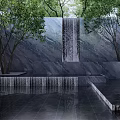 Garden Waterfall Feature With Green Trees Stone Wall And Reflective Water Pool 3d model