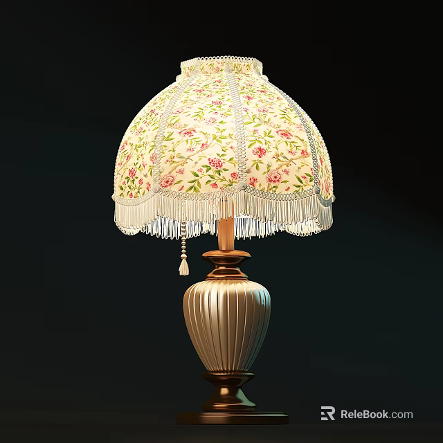 Cream Colored Table Lamp With Floral Pattern Fringed Edge And Brown Ribbed Base 3d model 