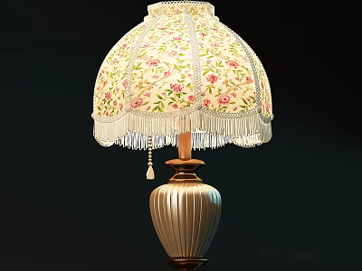 Cream Colored Table Lamp With Floral Pattern Fringed Edge And Brown Ribbed Base 3d model