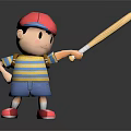 Child Wearing Red Cap And Striped Shirt Pointing With Baseball Bat And Backpack