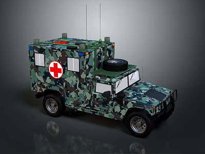 Camouflaged Military Medical Vehicle With Red Cross Antennas And Spare Tire 3d model