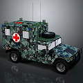 Camouflaged Military Medical Vehicle With Red Cross Antennas And Spare Tire