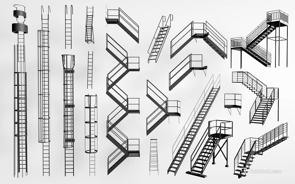 Various Staircase Design Types Featuring Straight Spiral And Handrail Structures 3d model