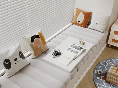 Cozy Bay Window Nook with Decorative Pillows White Blinds Small Table Camera Books Alphabet Rug 3d model
