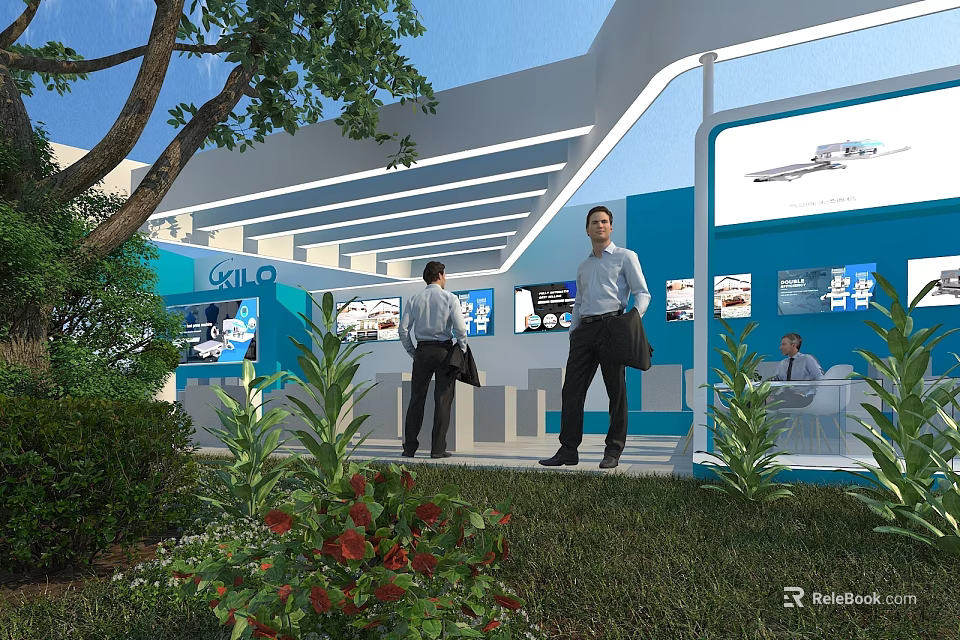 Garden Landscape Design With Green Trees Shrubs Lawn And Red Flowers Around Exhibition Booth 3d model 