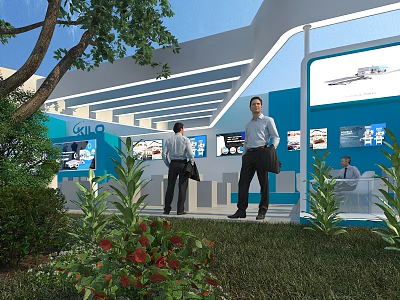 Garden Landscape Design With Green Trees Shrubs Lawn And Red Flowers Around Exhibition Booth 3d model