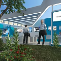 Garden Landscape Design With Green Trees Shrubs Lawn And Red Flowers Around Exhibition Booth