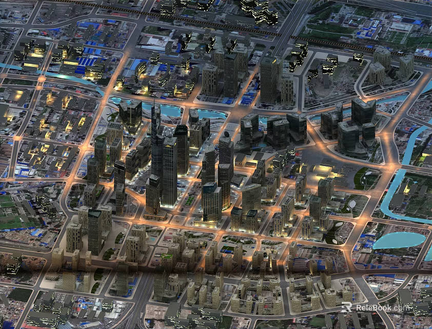 Aerial Planning of Modern Urban City with Skyscrapers Roads and Night Lights 3d model 