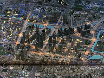 Aerial Planning of Modern Urban City with Skyscrapers Roads and Night Lights 3d model