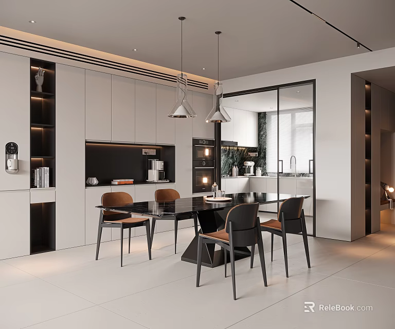 Contemporary Restaurant Interior Featuring Dining Table Chairs And Pendant Lights 3d model