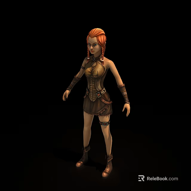 Game and Movie Female Character with Red Hair Leather Outfit and Strappy Boots 3d model 