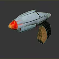 Futuristic Silver Metallic Pistol With Orange Flame Muzzle And Black Brown Grip