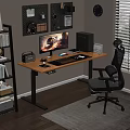 Modern Wooden Desk with Monitor Keyboard Mouse Smartphone Speaker PC Tower and Ergonomic Chair