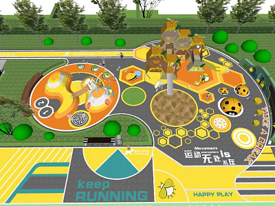 Colorful Children's Playground Design With Circular Hexagonal Elements And Happy Sports Theme 3d model