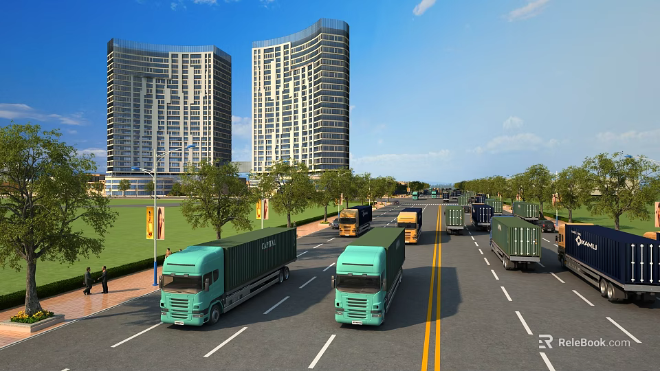 Modern Urban Road Infrastructure Featuring Trucks Street Lamps Green Belts And High Rise Buildings 3d model 