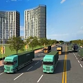 Modern Urban Road Infrastructure Featuring Trucks Street Lamps Green Belts And High Rise Buildings