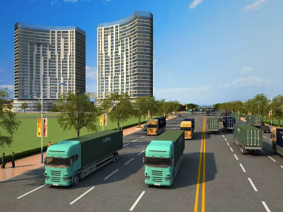 Modern Urban Road Infrastructure Featuring Trucks Street Lamps Green Belts And High Rise Buildings 3d model