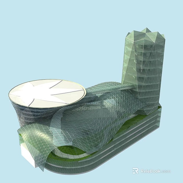 Innovative Modern Architectural Design With Dome Structure Tall Grid Tower And Green Roof 3d model