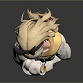 Cartoon Character With Small Black Horns Hugging White Kitten In Yellow Trimmed Hoodie