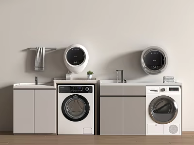 Modern Laundry Room With Two Front Load Washing Machines Cabinets Sink And Towel Rack 3d model