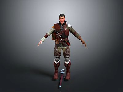 A Man In Leather Armor With Metal Accents And Open Standing Pose Holding Sword 3d model