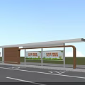 Modern Bus Station With Roadside Shelter Wooden Structure Billboards Green Grass And Blue Sky