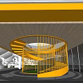 Bright Orange Spiral Staircase With Metal Frame And Wooden Ceiling In Modern Building