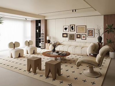 Modern Living Room With Beige Sofa Accent Chairs Patterned Rug And Wall Art 3d model