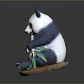 Cute Panda Game Movie Character Sitting And Holding Bamboo With Green Leaves On Brown Base