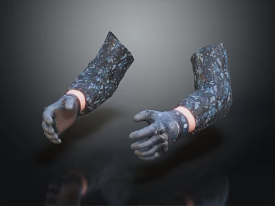 Black Patterned Gloves Covered Artificial Arm Model Display On Dark Surface 3d model