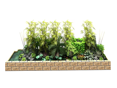 Decorative Garden Feature with Bamboo Green Foliage and Brick Border Design 3d model
