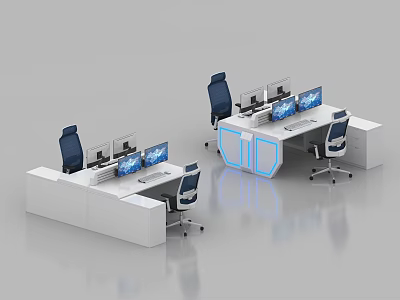Modern Office Workspace With White Desks Blue Accents And Computer Monitors 3d model
