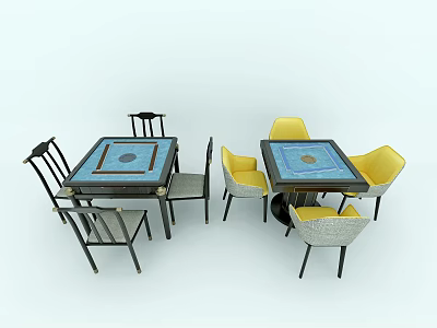 Stylish Entertainment Tables With Decorative Blue Tabletop And Yellow Gray Chairs 3d model