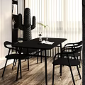 Stylish Black Dining Table Set With Chairs Green Plant And Window Blinds