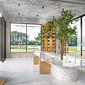 Cafe Interior Design with Concrete Ceiling Large Windows Wooden Furniture Display Case and Green Plants