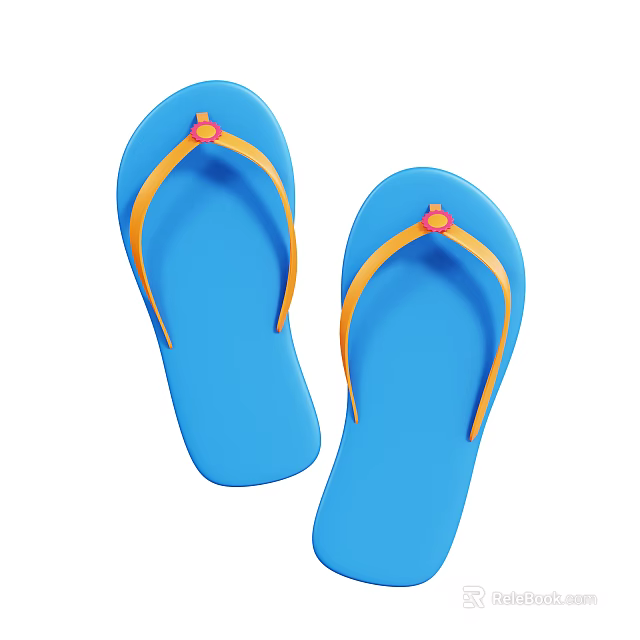 Summer Casual Blue Flip Flops with Yellow Straps and Pink Decorative Accents 3d model 