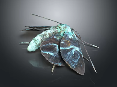 Vibrant Teal and Dark Colored Moth with Patterned Wings and Long Antennae on Dark Background 3d model