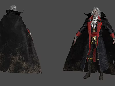 Man in Gothic Black Cloak with Red Lining and White Hair Costume 3d model