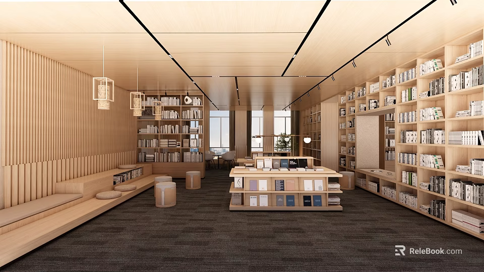 Spacious Cultural Center Interior With Wooden Bookshelves Abundant Books And Comfortable Reading Area 3d model 
