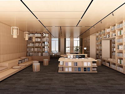 Spacious Cultural Center Interior With Wooden Bookshelves Abundant Books And Comfortable Reading Area 3d model