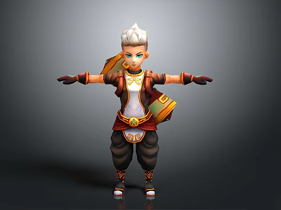 Man With White Hair Wearing Brown And White Costume Gloves Decorative Belt And Backpack 3d model