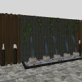 Wooden Background Wall With Green Vines Fountains Stone Bases And Black Pillars