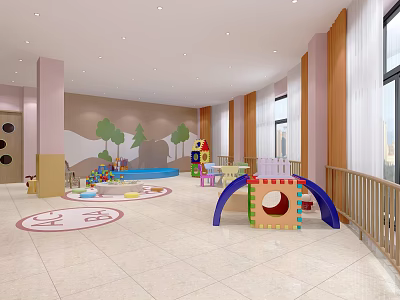 Kindergarten Indoor Play Space with Colorful Toys Slide Cartoon Wall Art and Bright Windows 3d model