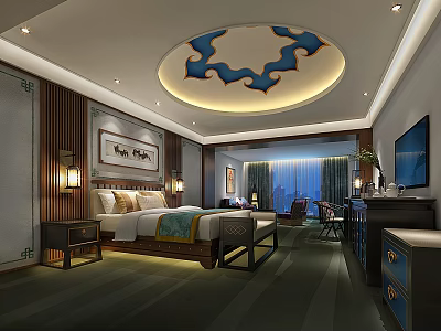 Chinese Style Hotel Guest Room With Circular Ceiling Wooden Decor And Traditional Painting 3d model