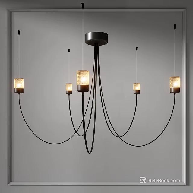 Modern Minimalist Chandelier With Five Frosted Glass Lights And Black Metal Frame 3d model 