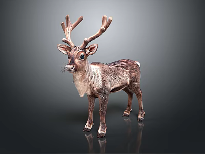 Detailed Realistic Reindeer Sculpture With Large Antlers Standing On Dark Shiny Background 3d model
