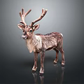 Detailed Realistic Reindeer Sculpture With Large Antlers Standing On Dark Shiny Background