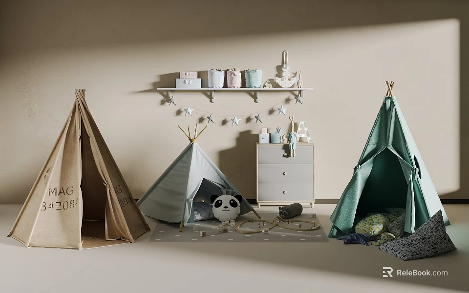 Colorful Teepee Tents In Children's Room With Toys Decorative Shelf And Star Garlands 3d model 