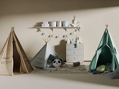 Colorful Teepee Tents In Children's Room With Toys Decorative Shelf And Star Garlands 3d model