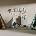 Colorful Teepee Tents In Children's Room With Toys Decorative Shelf And Star Garlands
